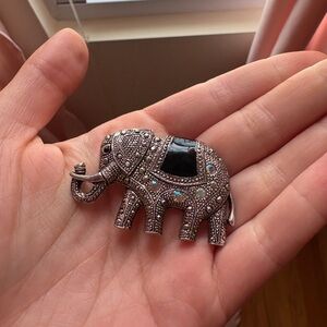 Vintage Silver Elephant Brooch with Rhinestones and Marcasite Black Enamel